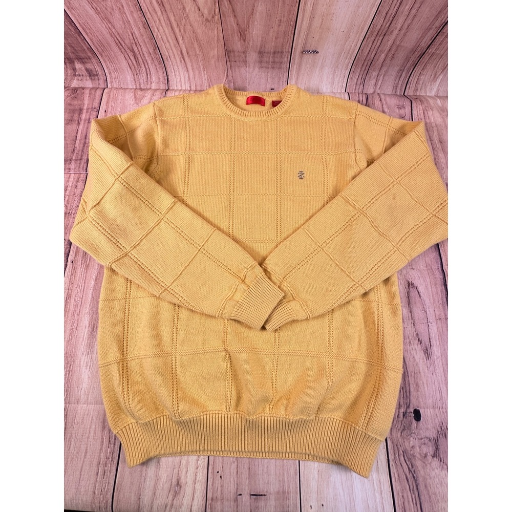 IZOD Mens Crewneck Sweater Medium Yellow Cotton Grid Knit Pullover